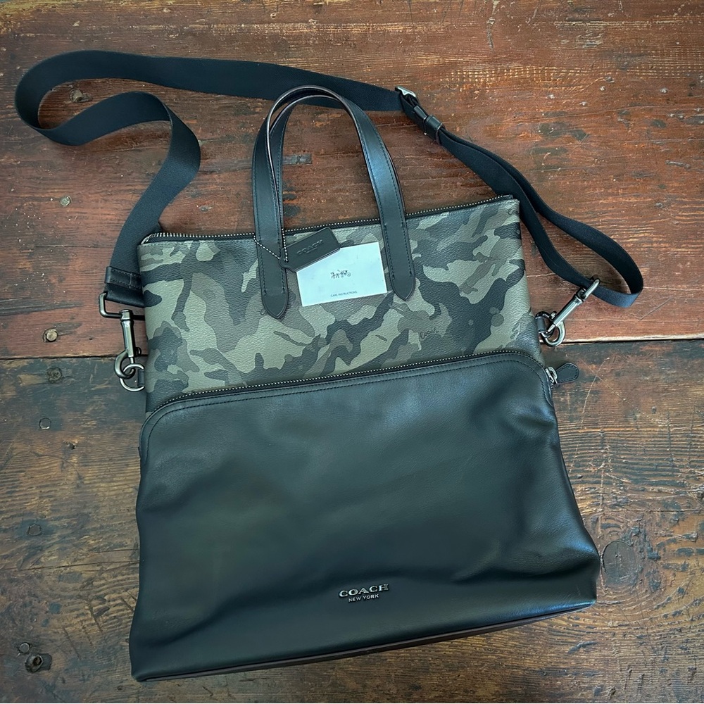 Coach Black and Green Messenger Bag with Camouflage Design